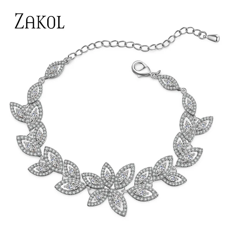 ZAKOL Fashion Zirconia Flower Charm Bracelets for Women Micro Paved Leaf Bracelet Bridal Wedding Party Jewelry