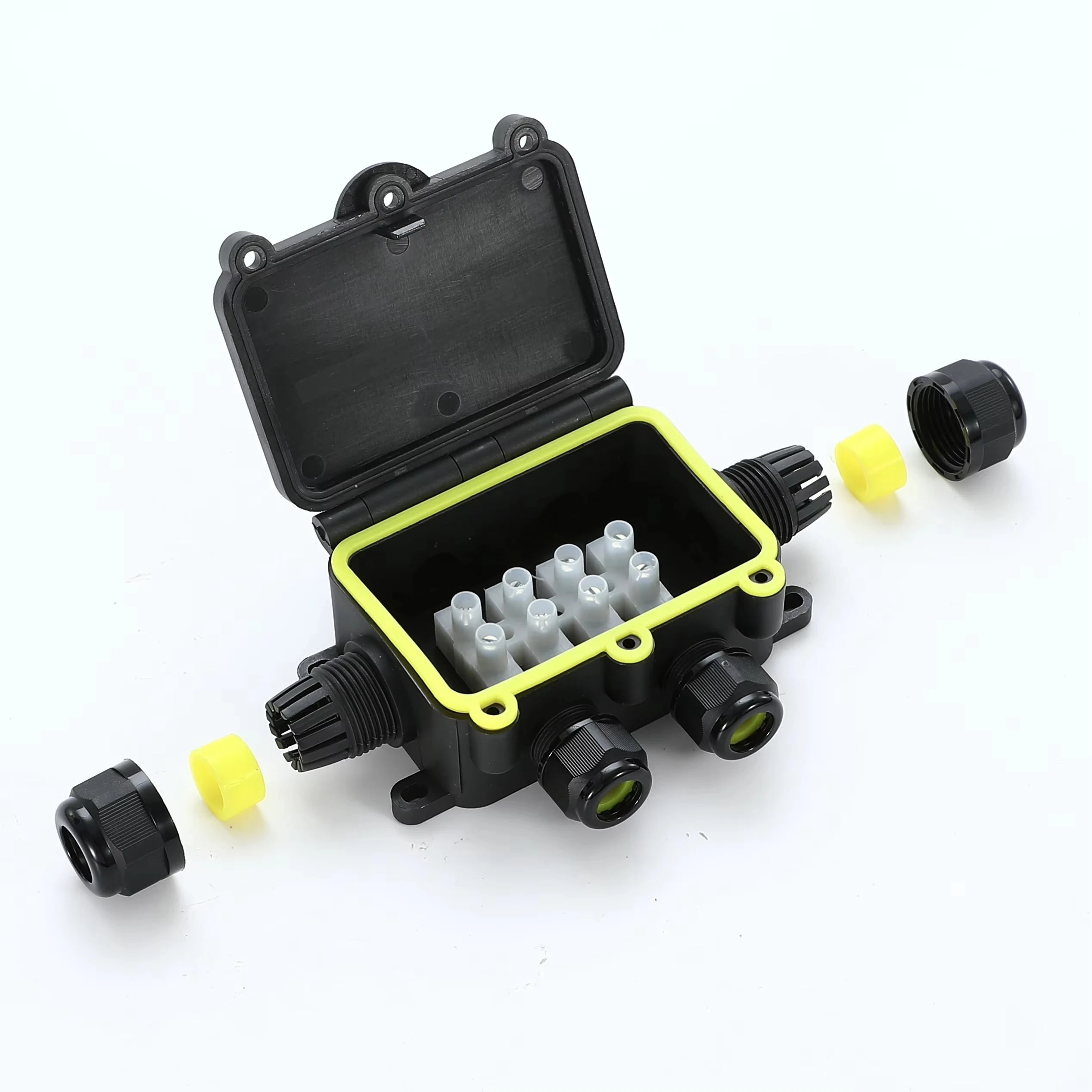 Caja de conexiones impermeable para exteriores IP68: mini caja de conector negra de 3/4 vías con plástico y terminal para PC, diseñada para cables enterrados