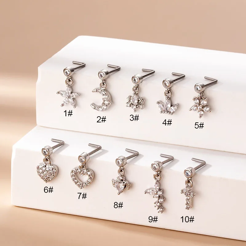 1PC 20G Stainless Steel Nose Ring Jewelry for Women Gem Dangling L-Bend Nose Studs Body Jewelry