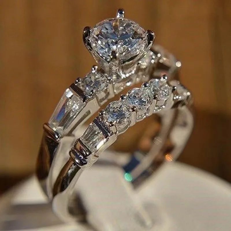 Silver Plated 2-Piece Bridal Ring Set - Round Cut CZ Engagem