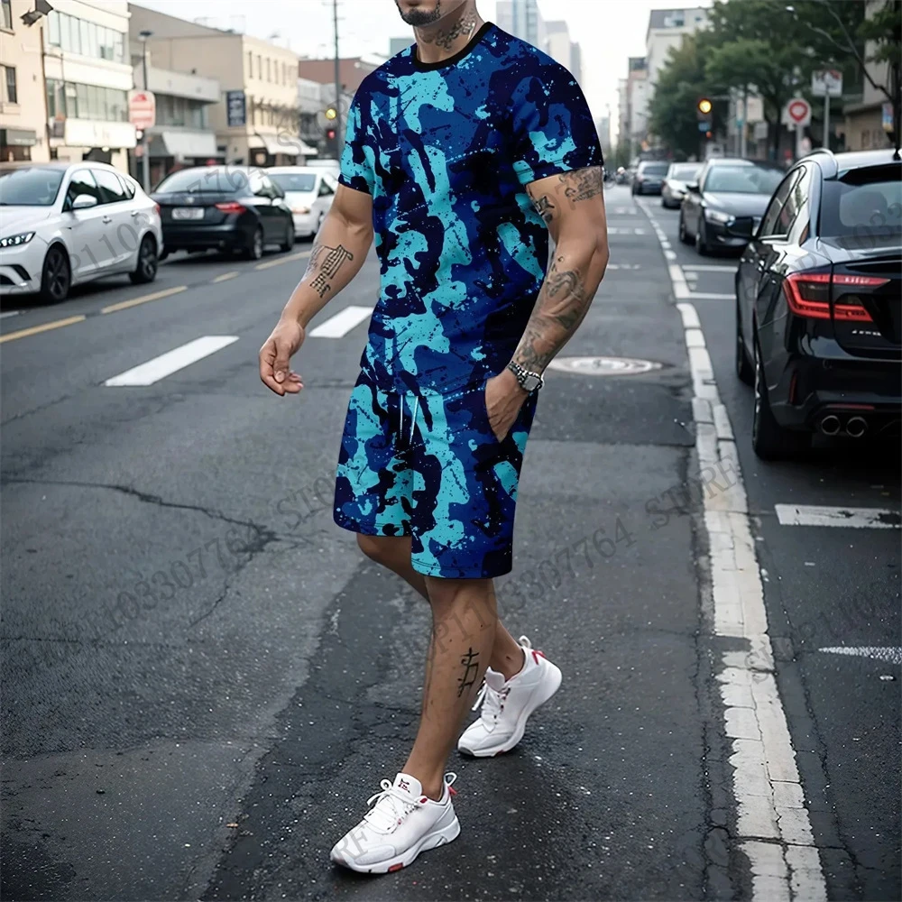 Men T-shirt Sets Tactical Camouflage 3d Print T-shirt+Shorts 2Pcs Set Outdoor Camo Tracksuit Suit Men Clothing Fitness Running - view 4