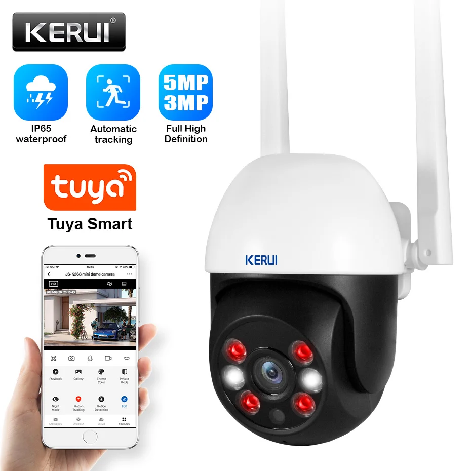 KERUI 5MP/3MP Outdoor IP Camera PTZ Security with 3 Meters Cable WIFI Auto-Tracking Tuya CCTV Surveillance Camera Waterproof