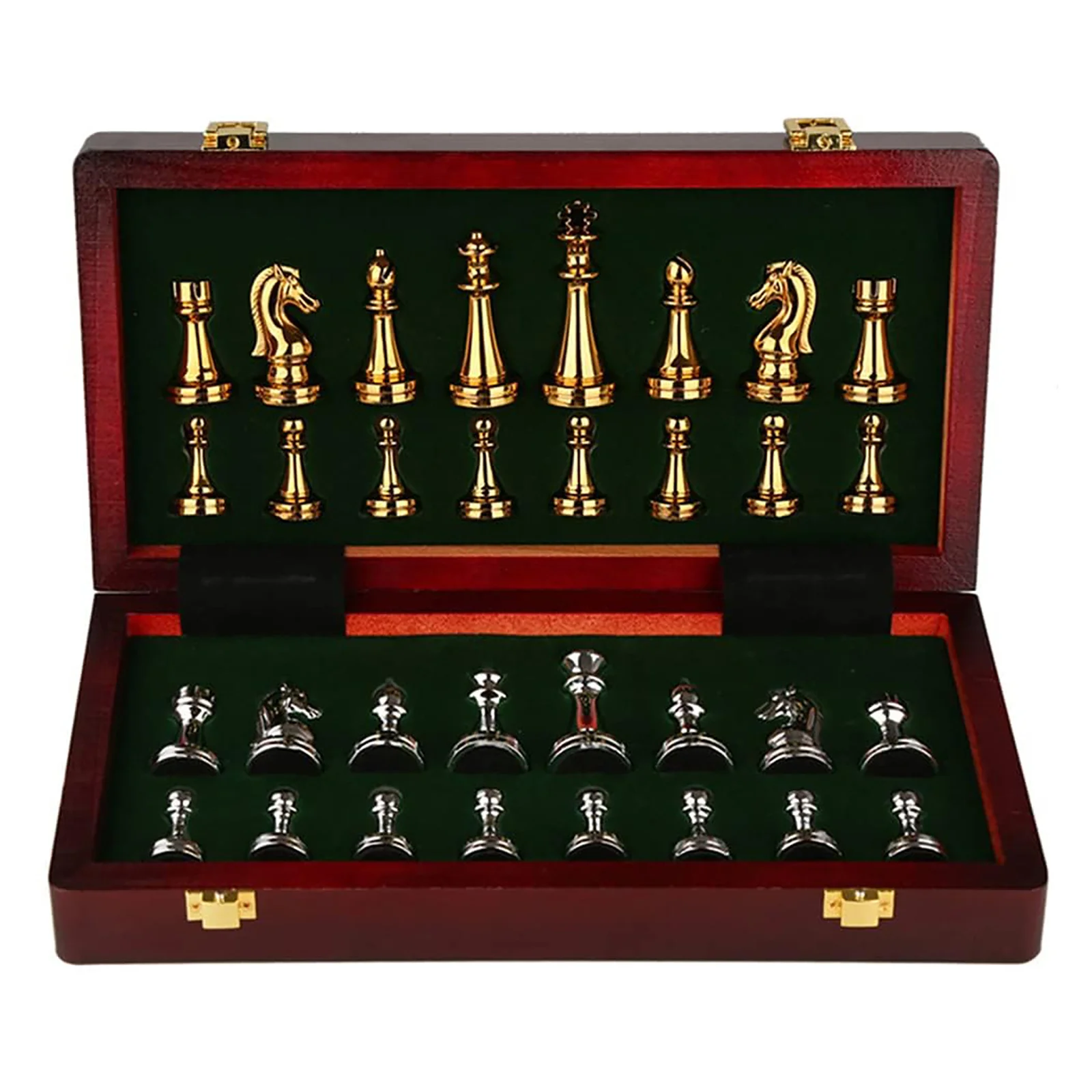 

11-Inch Deluxe Metal Chess Set, Folding Wooden Chessboard, Alloy Pieces, Classic Game for Adults & Beginners