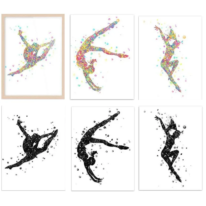 Plakat z akwarelowym nadrukiem gimnastyki, grafika gimnastyczna, piękny plakat dekoracyjny do pokoju dziewczynki/salonu