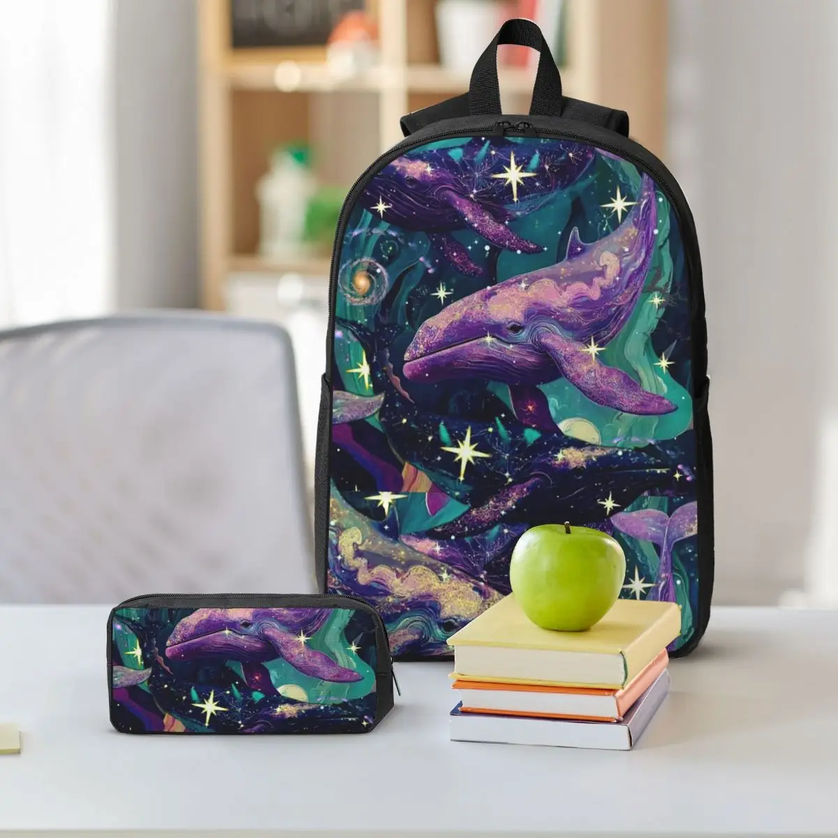 Deep Sea Luminous Starry Sky And Whale Backpack Boys Girls BookBag School Bag Shoulder Bags 3ps Insulated Lunch Bag Pencil Case