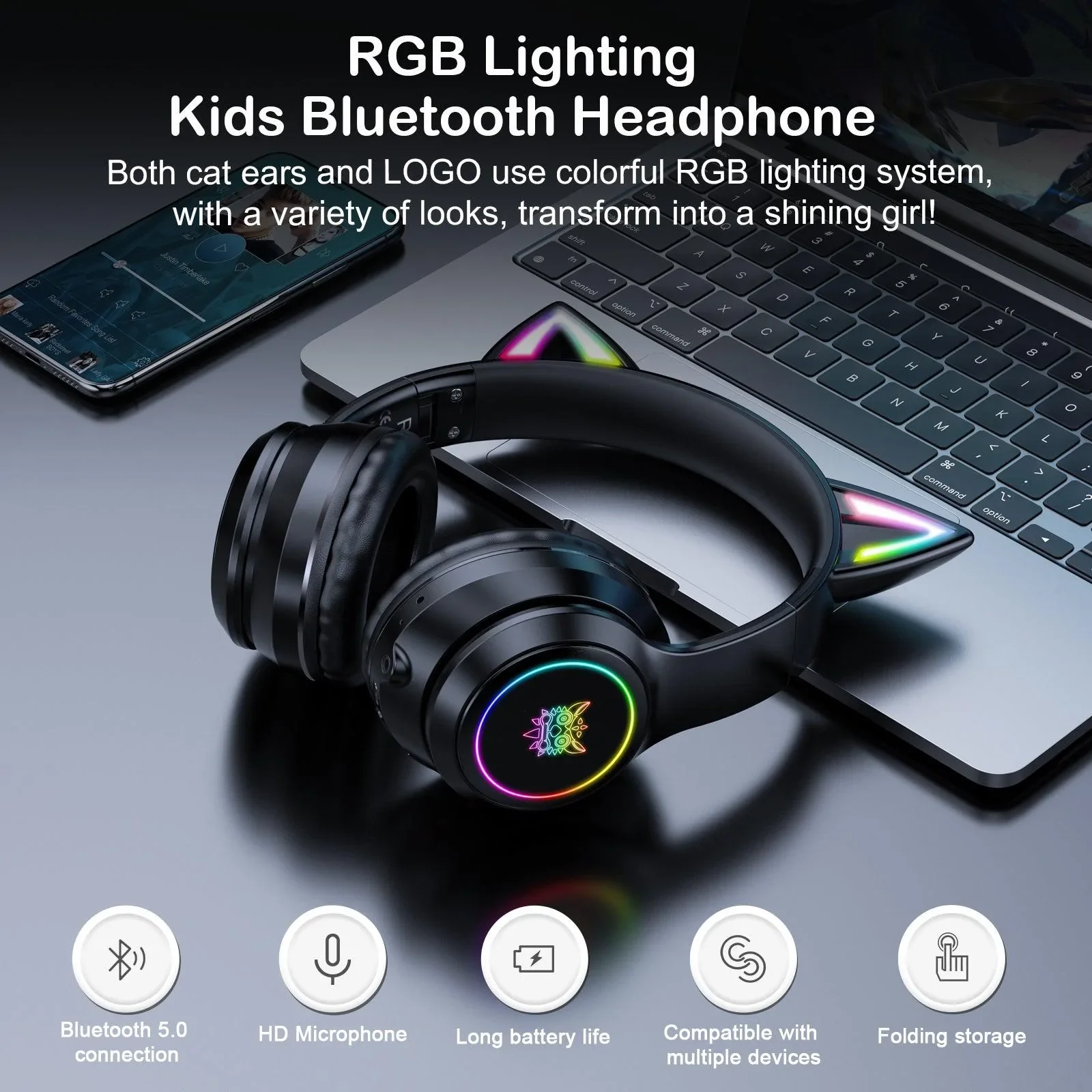 Cuffie da gioco compatibili con Bluetooth ONIKUMA B90 con cuffie Wireless pieghevoli RGB Cat Ear con microfono HD per Computer PC Gamer