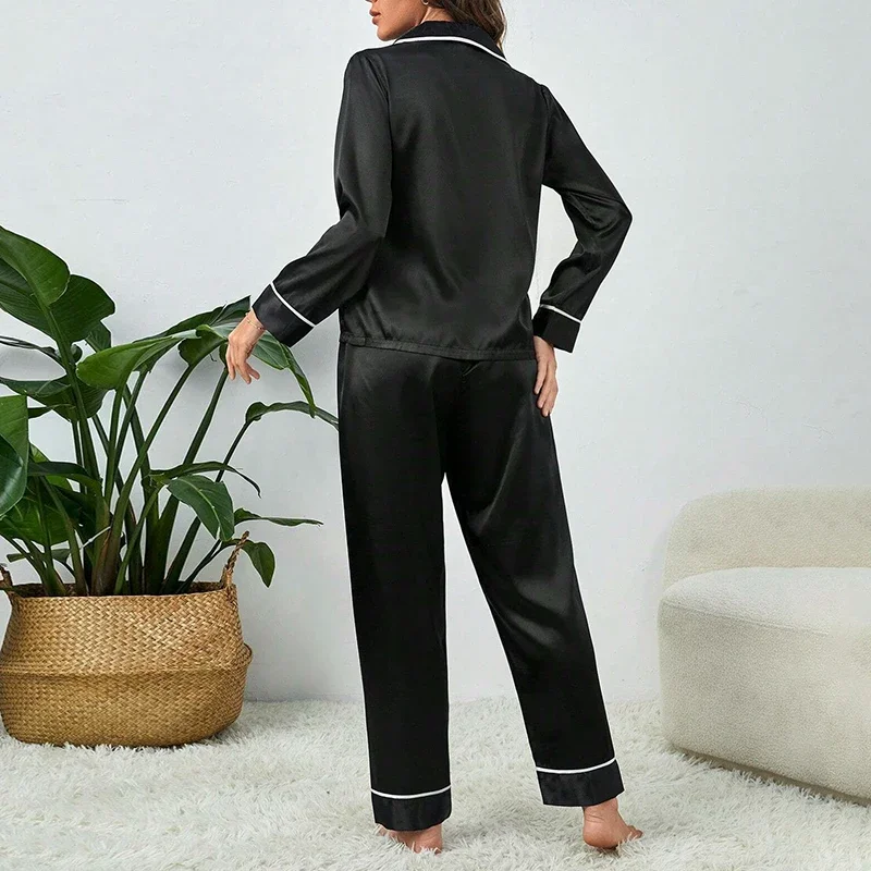 Plus Size Autumn Winter Ice Silk Pajamas Women Long-Sleeved Solid Casual Loose Black Soft Buttons Cardigan Homewear Sleepwear