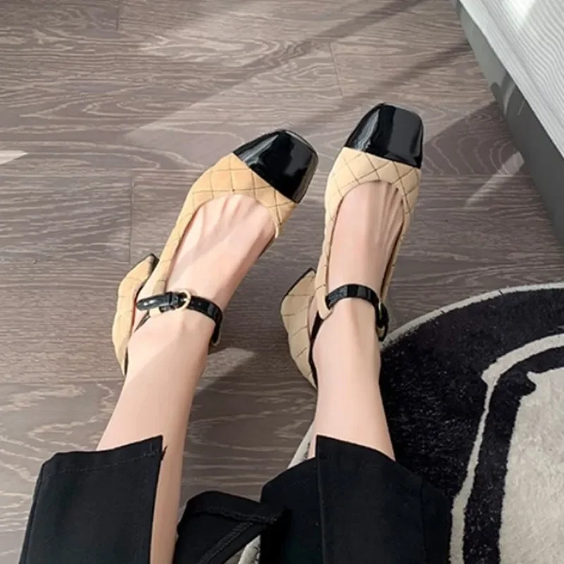 Women\'s Shoes Single Shoe Woman 2023 New Color Block Toe Block Heel Light Mouth Mary Jane Small Leather Shoes Single Shoe Woman