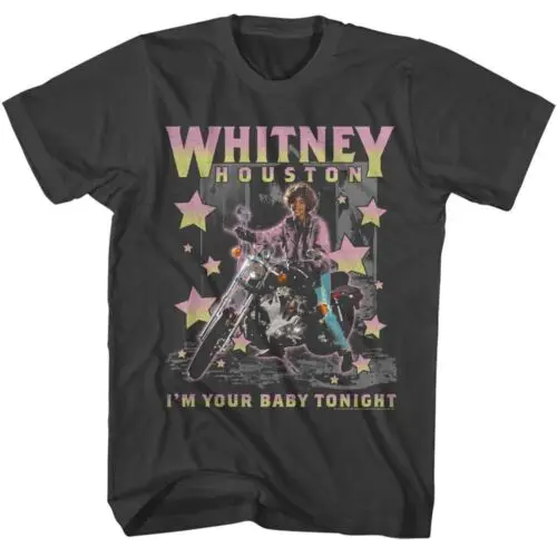 Whitney Houston - Motorcycle Stars - Gray Front Print Short Sleeve Adult T-Shirt