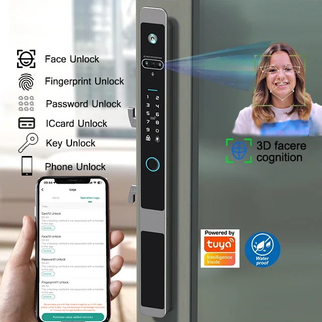 Cerradura de puerta corredera Digital de nuevo diseño, intercomunicador con reconocimiento facial y huella dactilar, cerradura de puerta inteligente Tuya Wifi con cámara