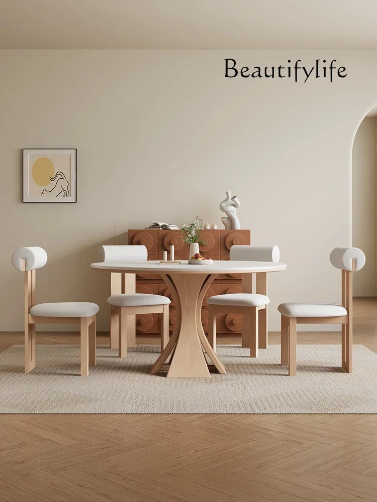 Log cream wind rock slab dining table round table with turntable small apartment round full support solid wood dining tabledecor