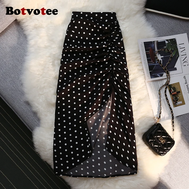 Botvotee Sexy Vintage Pokal Dot Print Trumpet Midi Skirt for Women Back Elastic Band Side Split Ruffles Long Black Skirt