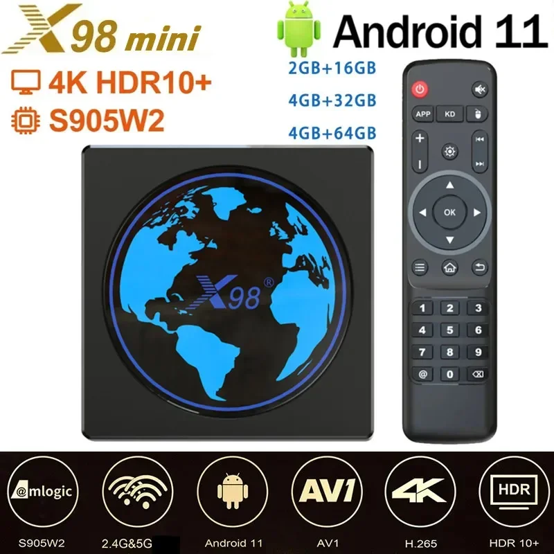 

ТВ-приставка X98 Mini Android Smart TV Box Android 11 4 Гб RAM 64 ГБ 32 ГБ Amlogic S905W2 2,4G/5G Wifi 4K 60fps Set Top Box X98Mini 2G 16G