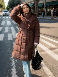 Plus Size Woman Down Jacket Winter Long Coat With Belt Hooded Fashion Warm Thicken Zipper Snow Wear Coat Woman Winter Overcoat