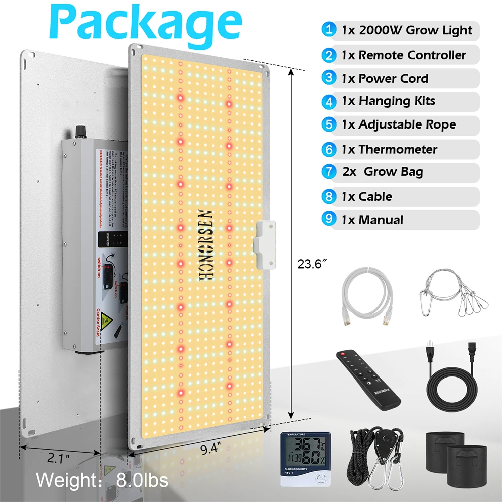 HONORSEN 2000W smart LED Grow Light Full Spectrum 4x4ft Coverage Remote Control Dimmable for Hydroponics Veg and Flower