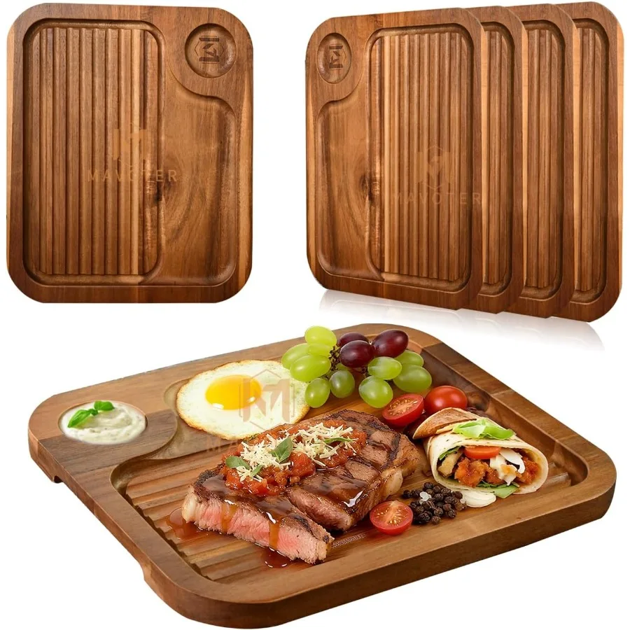 

4 pcs Acacia Wood Steak Plates for Carnivore Dining Carved Meat Wooden Serving Tray with Deep Grooves and Hidden Handles Ideal