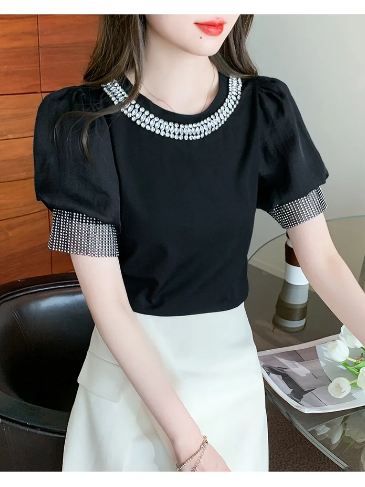 SMTHMA 2024 Summer New Luxury Diamond Bead Puff Short Sleeves Sweet Top Women\'s Short Sleeved T-Shirt For Women Clothing