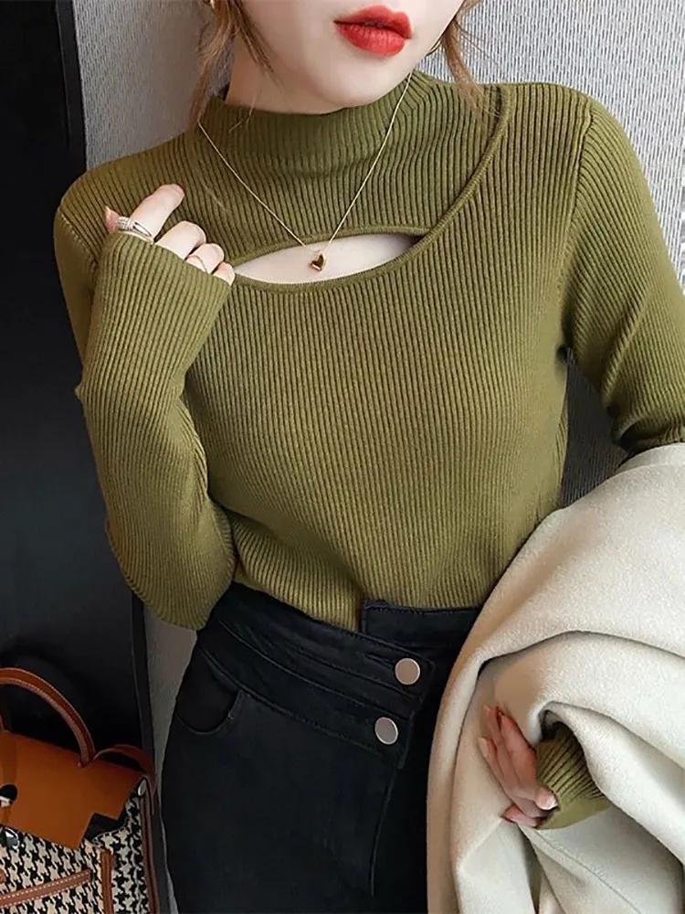 เสื้อสเวตเตอร์ถักคอเต่าแบบโปร่งสำหรับผู้หญิง เสื้อไหมพรมแบบร่อง แขนยาว สำหรับฤดูใบไม้ร่วงและฤดูหนาว เสื้อสเวตเตอร์ผู้หญิงแบบพื้นฐาน เนื้อผ้านุ่ม อุ่นสบาย