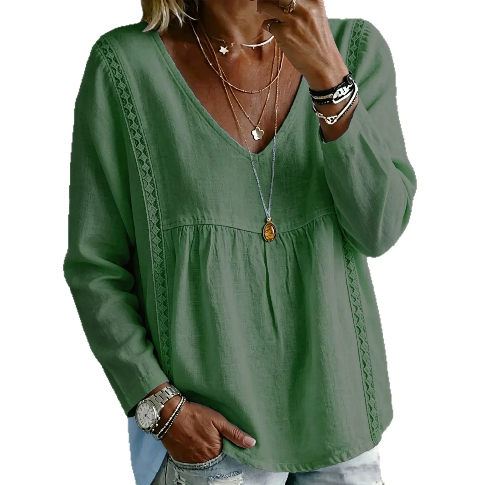 2026 Autumn Blouse Women Lace Patchwork V Neck Loose Shirt Oversized Casual Solid Colors Long Sleeve Tops Plus Size Women Shirts