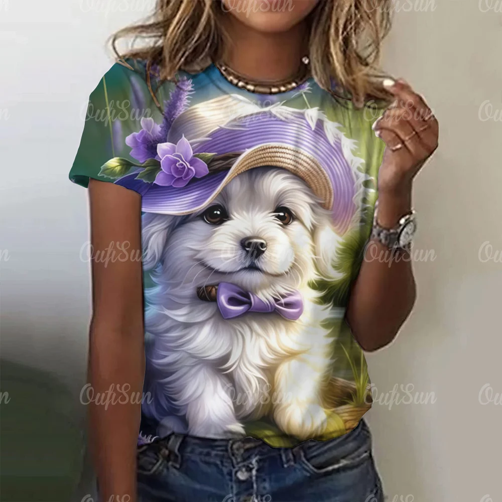 Kawaii Puppy Print Women's T-shirt Harajuku Clothes For Ladies Casual Style Short Sleeve Tees Round Neck Hundred Streetwear Tops