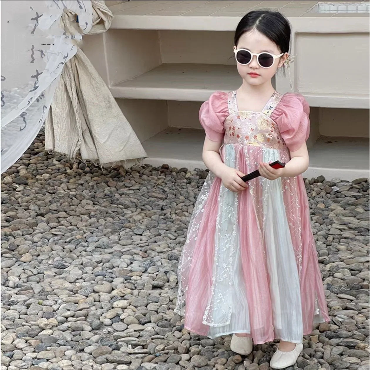 

Girls Dress New Chinese Hanfu Skirt Summer New Children's Mesh Dress Bubble Sleeves Ancient Style Princess Dress Long Skirt