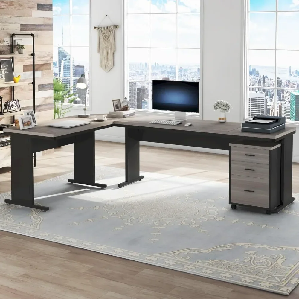 83 Inch L-Shaped Desk with Drawers, Large Executive Office Desk with 3-Drawer File Cabinet, Industrial Corner Computer Desk