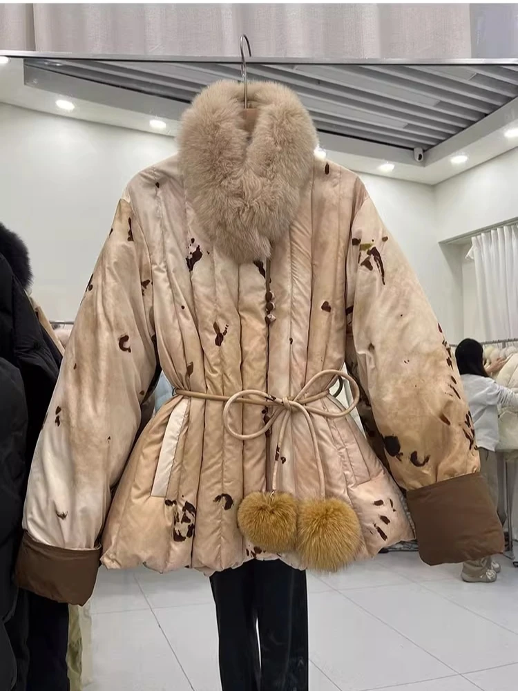 เสื้อแจ็คเก็ตดาวน์วินเทจตัดกัน แต่งลูกไม้ช่วงเอว ความยาวปานกลาง สไตล์พาร์คเกอร์สำหรับผู้หญิง แต่งขนจิ้งจอกที่คอ เย็บด้วยขนเป็ดขาว