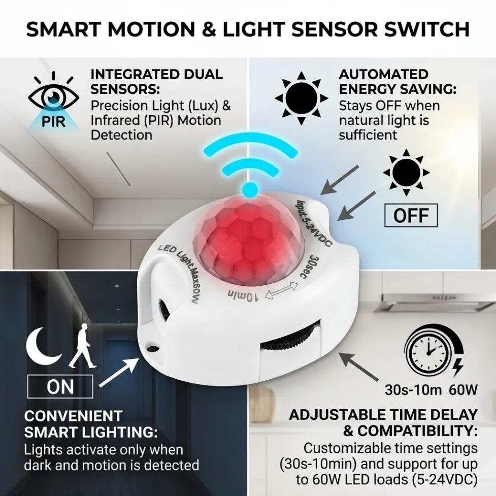 DC5V‑24V 3A PIR Motion Sensor Switch 30s‑10min Adjustable Time Delay High‑Sensitivity IR Detector for Closet LED Strip Lighting