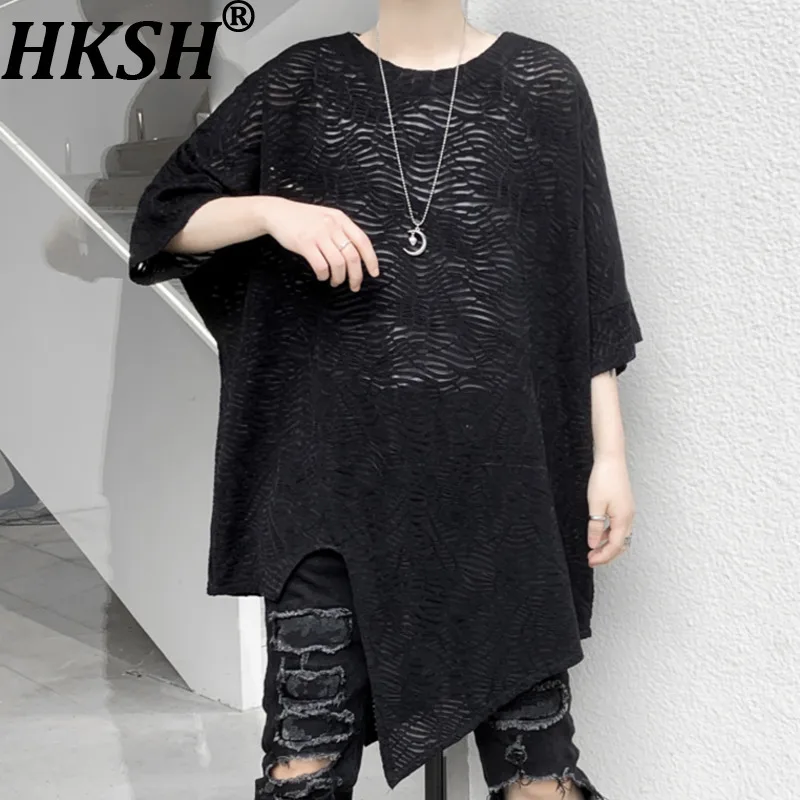 HKSH Summer New Men Tide Batwing Sleeve Irregular Hem Hollow Out Tees Trendy High Street Round Neck Short Sleeve T-shirt HK19891