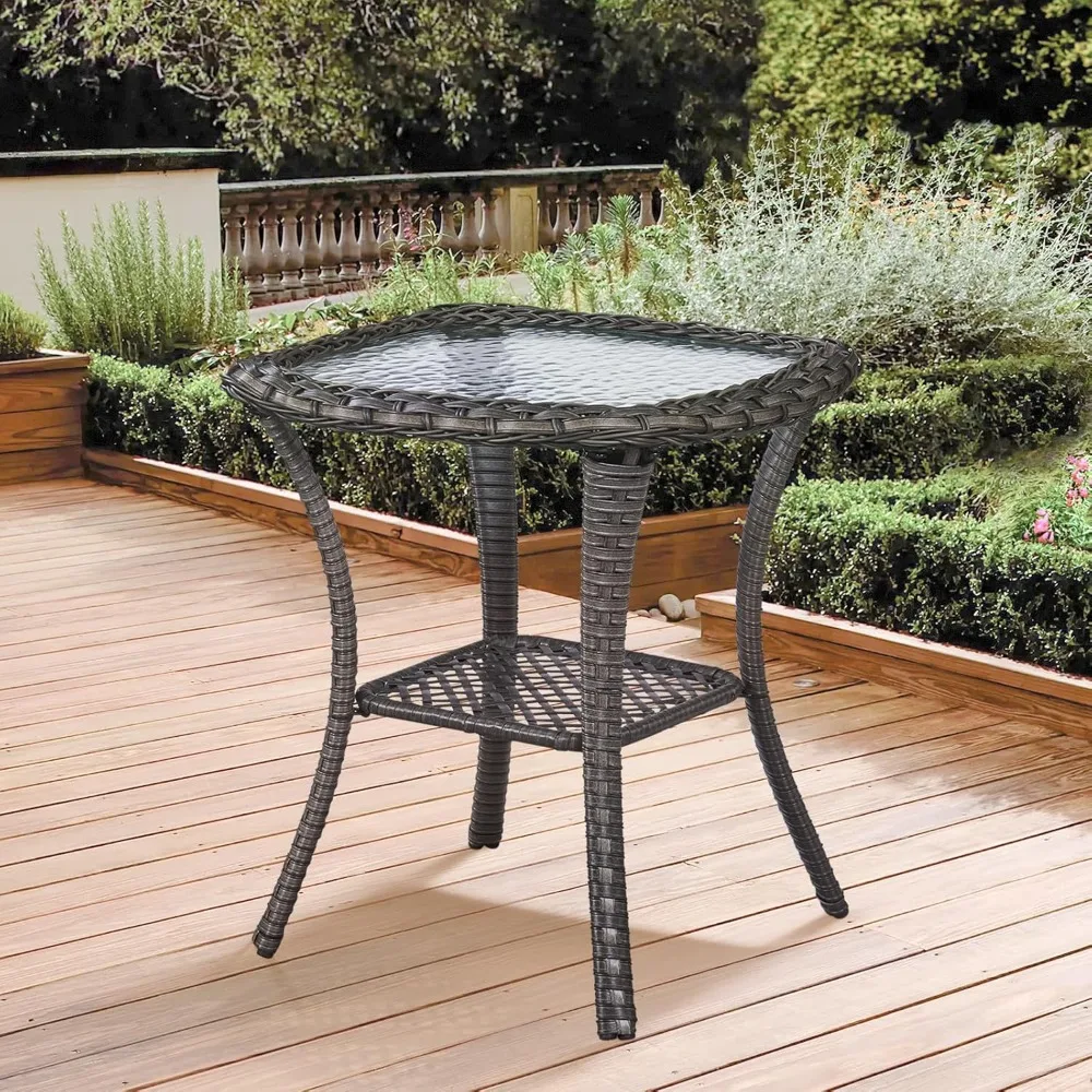 طقم أثاث الفناء مع كرسيين للتراس من الروطان ومجموعة طاولة بحافة من الروطان PE، شرفة وسادة من الروطان البني والبيج