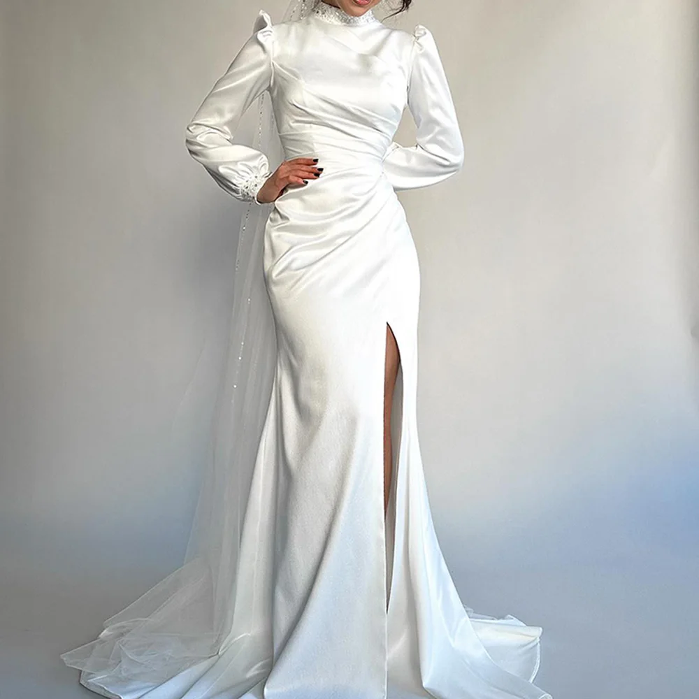

Customized High Quality Satin Mermaid Crystal Evening Dress Temperament Side Slit Floor Length Long Sleeves vestidos de fiesta