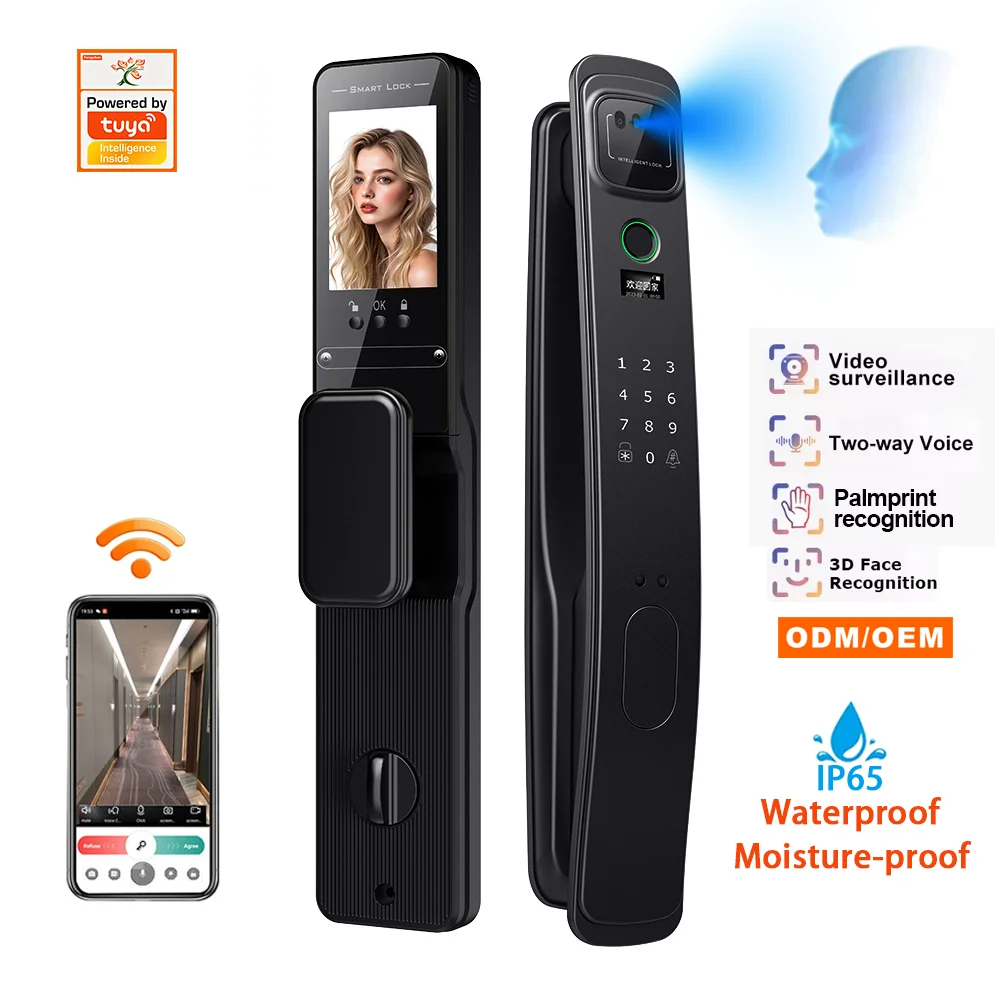 New Tuya 3D Facial Fingerprint Recognition Aluminum Alloy Smart Lock Security Camera Memory Card Waterproof Moisture-proof Steel