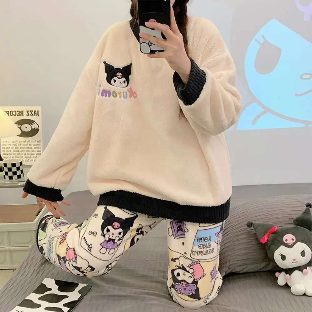 New Sanrio Kuromi Women Plush Pajamas Suit Hello Kitty Anime Kawaii Winter Coral Fleece 2Pcs Loungewear Girls Cute Warm Homewear