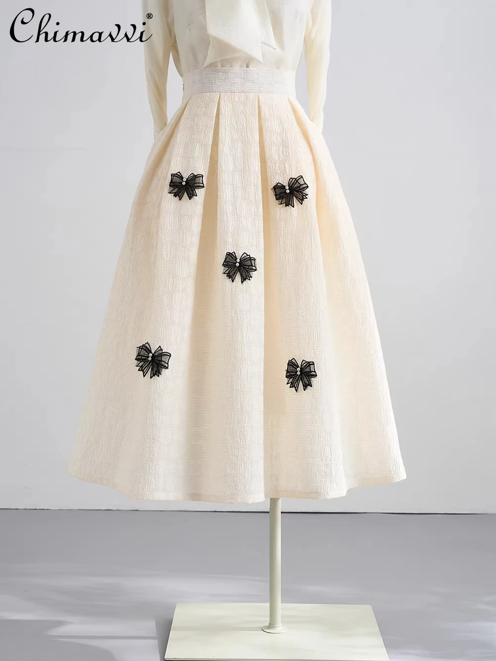 

French Style Elegant Retro Sweet Bow Embroidered Pleated Skirts High-waisted A-line Versatile Long Skirt for Women Spring 2026
