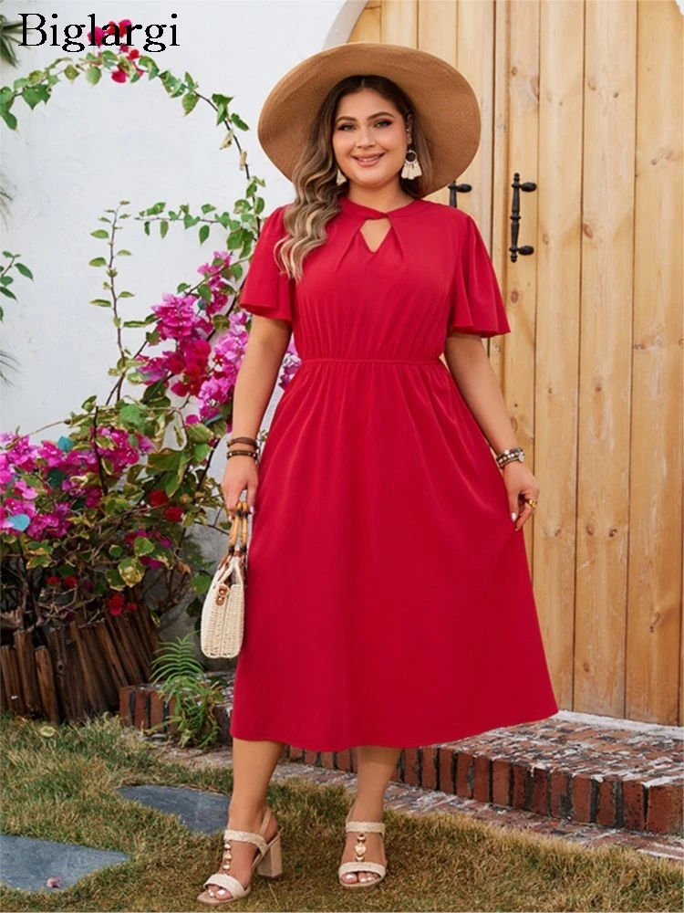 Robe mi-longue en mousseline de soie pour femmes, grande taille, manches courtes, décontractée, mode dames, volants plissés, robe femme coréenne, été