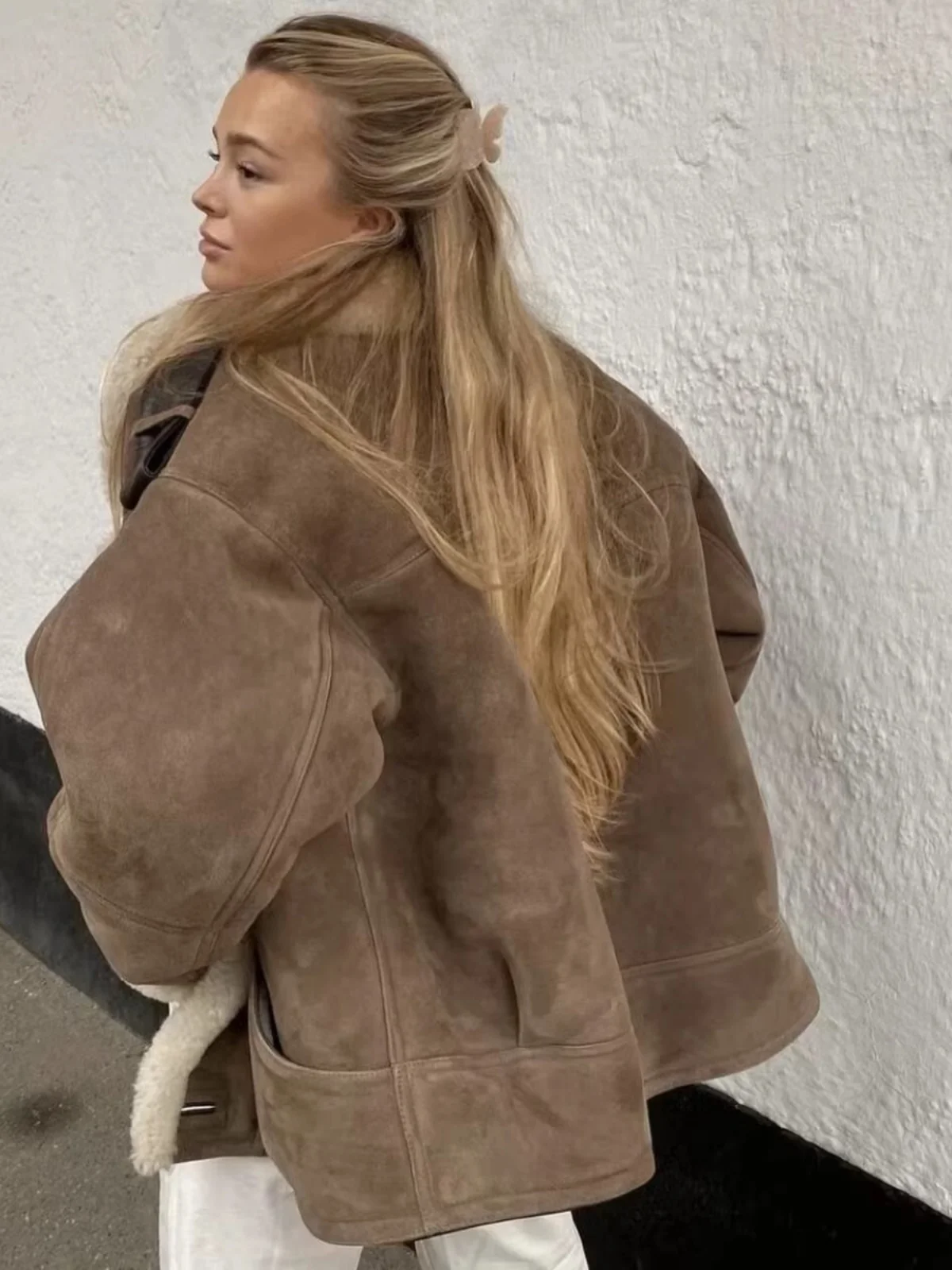 American Retro Street Sle Suede Jaet Loose Lamb Fur Lined Thi Warm Collar Biker Coat Outerwear Women's Winter Faion