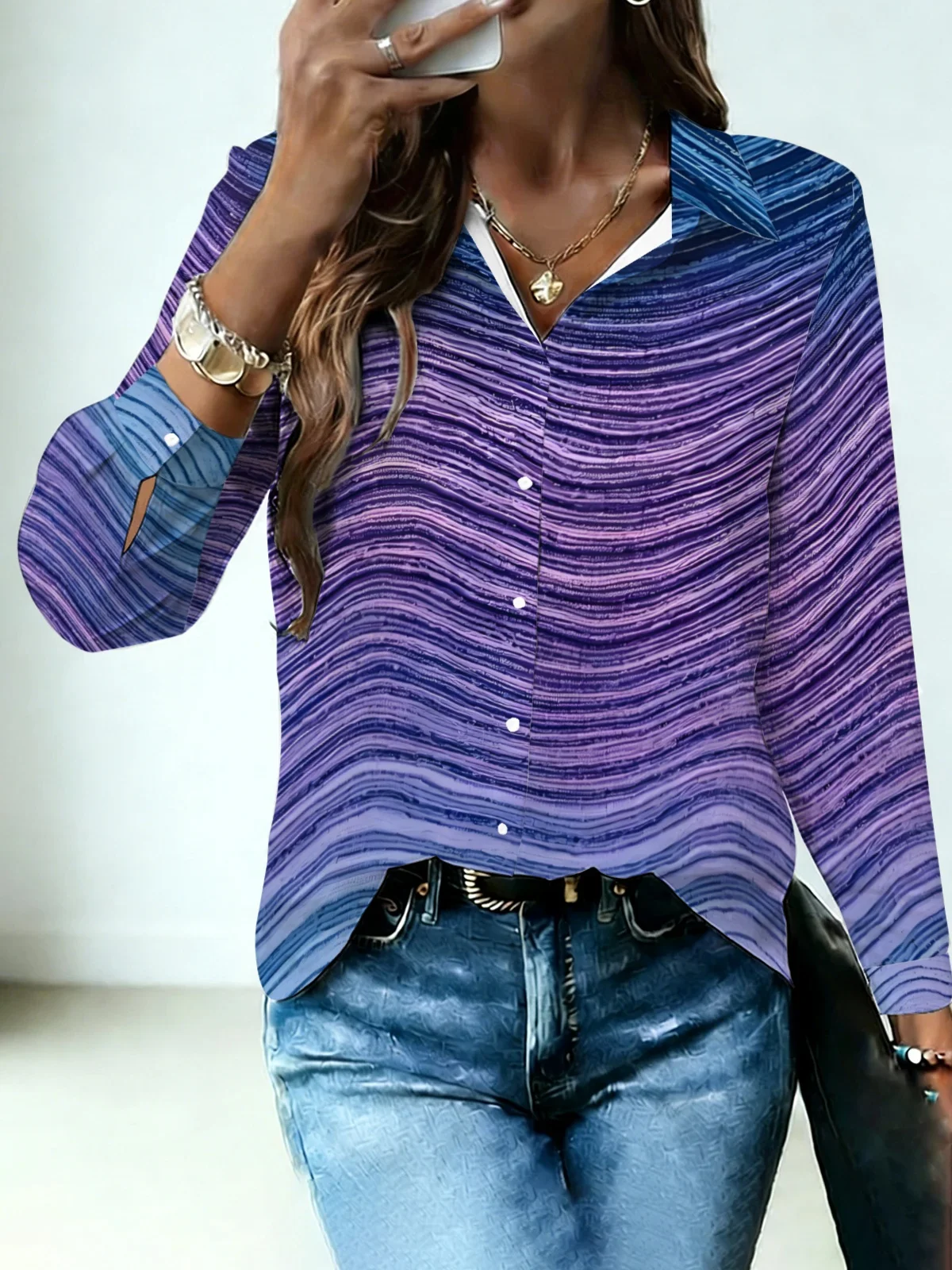 Minimal Abstract Art Marble Womens Collared Shirt Blue Purple Gradient Layered Thin Wavy Streak Allover Print Long Sleeve Night