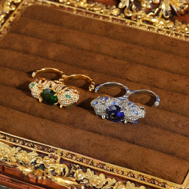 

Vintage Double Leopard Rings Green Crystal Zircon Gold Color Rhinestone For Woman Accessories Luxury Dubai Jewelry Brand 2025