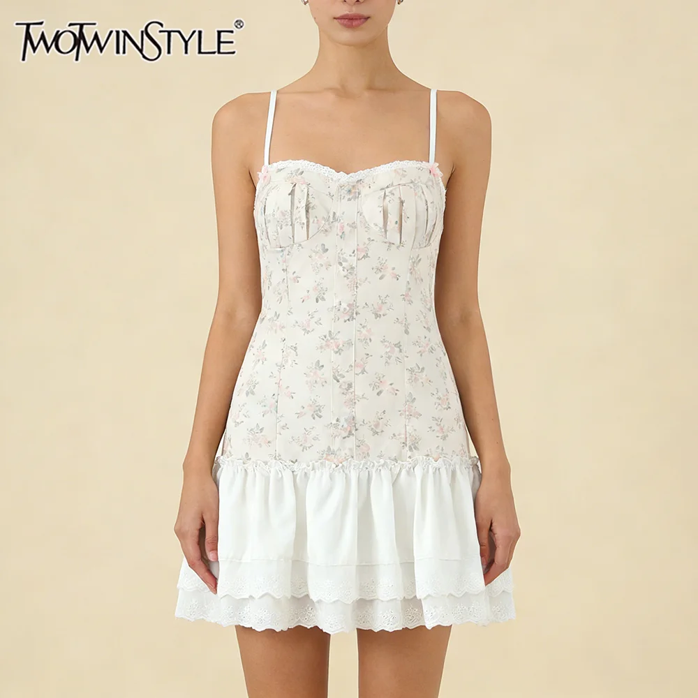 TWOTWINSTYLE Music Festivals Floral Print Cami Mini Dress for Women Sleevless Slimming Ruffled Lace Hem Skirt for Romantic Dates