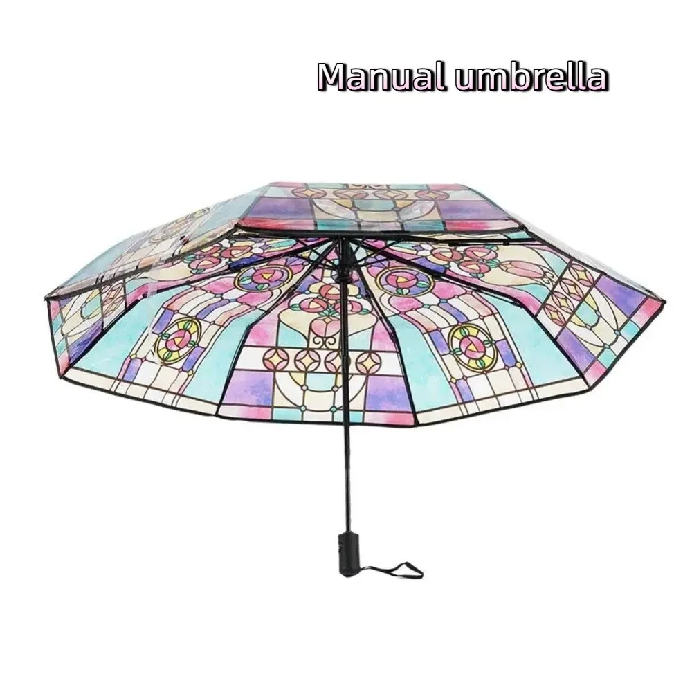 

Hand-Painted Design Transparent Umbrella Stained Glass Print Transparent Material Automatic Umbrella Three-fold Design