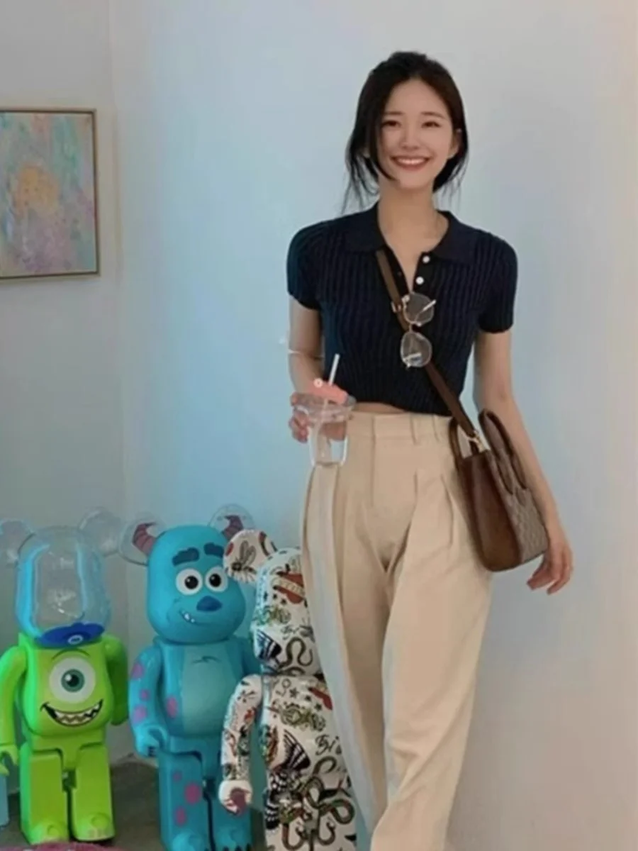 Slim Fit Short Sleeve  Neck T-Shirt Women's Summer Thin Ice Silk Knitted Top Fashionable Youth Style Commute Wind Korean ...
