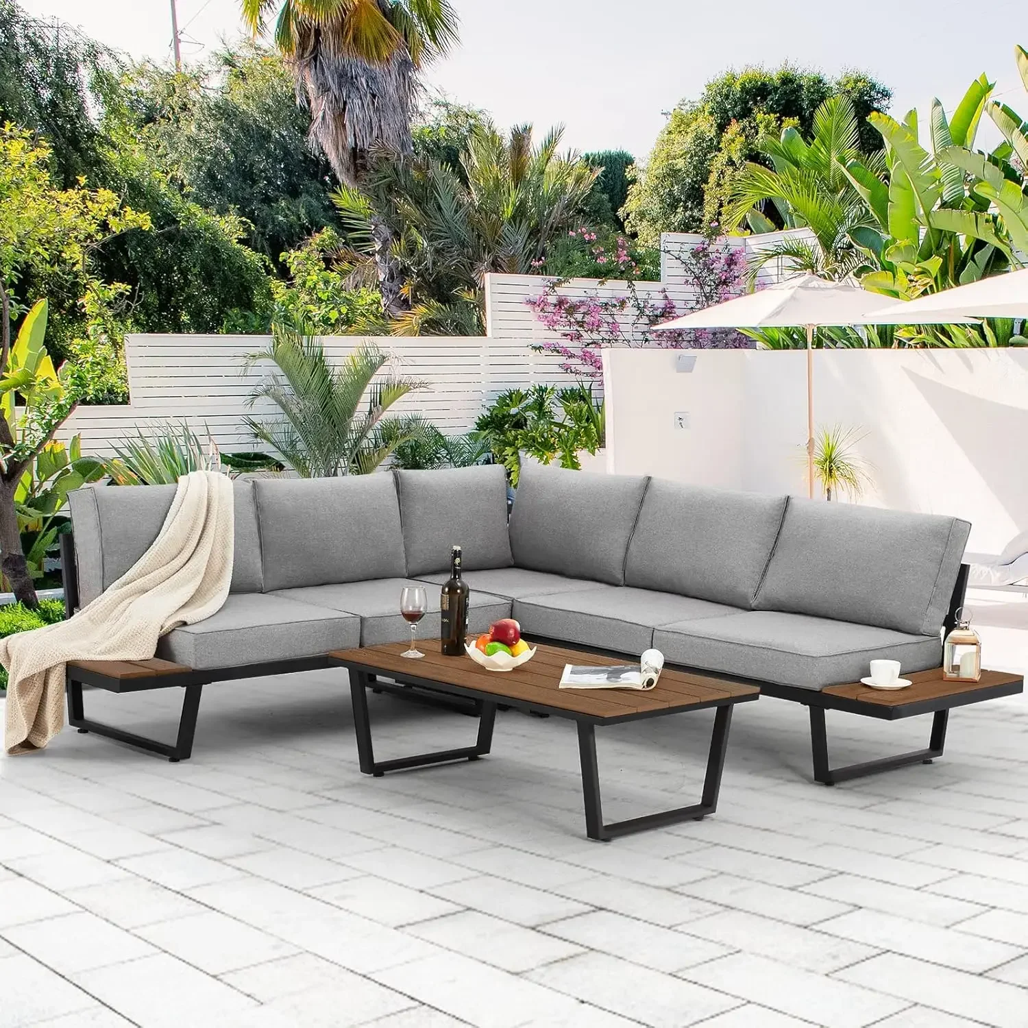 Outdoor Sectional Sofa Coffee Table Extra Large Conversation Set with Cushion,Built-in Side Table for Patio,Garden,Backyard