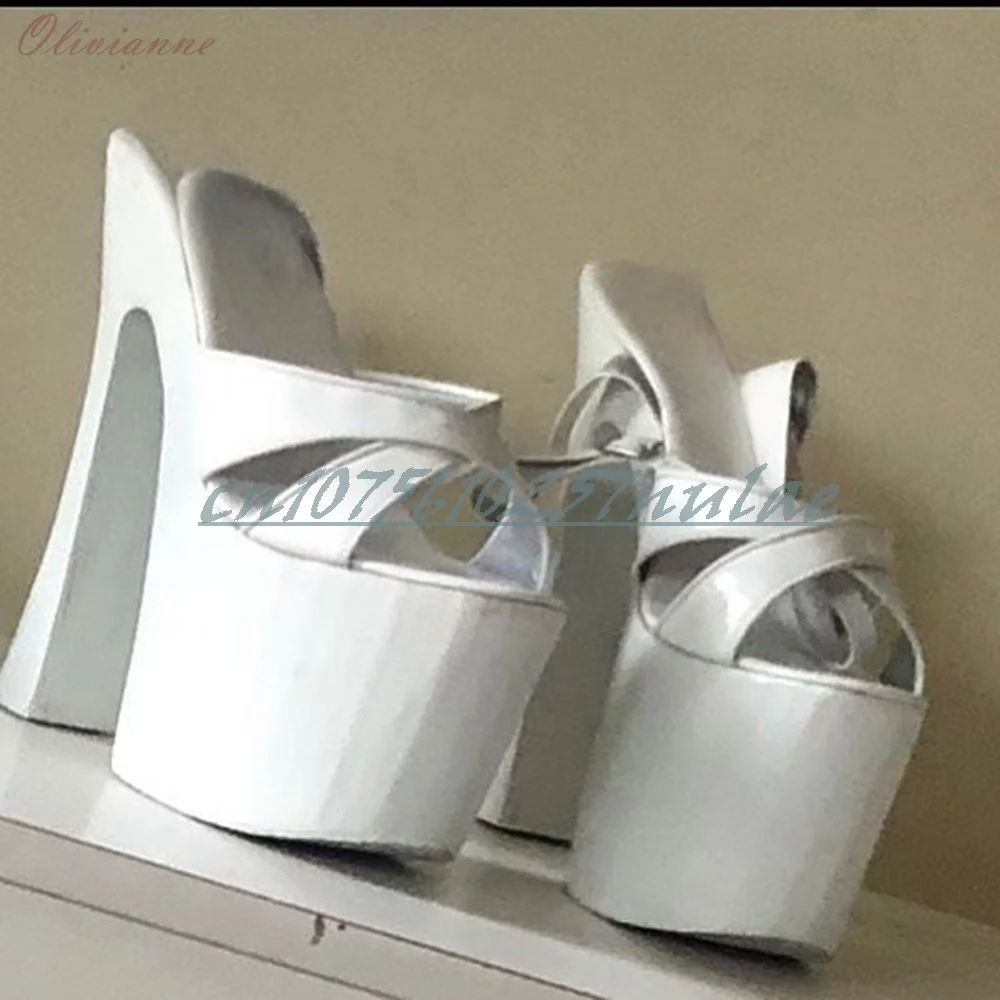 

White Hollow Design Open Toe Extreme Sandals Chunky High Heel Ankle Buckle Strap Patent Matte Fashion Shoes for Women Summer