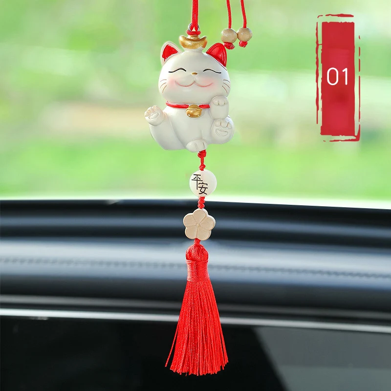 Lucky Cat Pendant Luxury Car Rearview Mirror Creative Ping An Lucky Cat Decorative Hanging Ladies Car Interior Accessories
