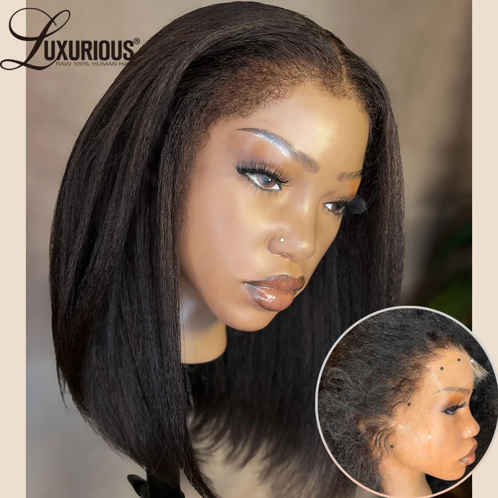 Glueless Ready to Go Lace Closure Wig With 4C Kinky Edges Preplucked 4x4Pre-Cut Lace Wig Kinky Straight Brazilian Human Hair200%