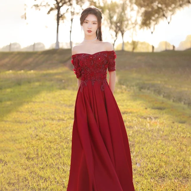 Burgundy Boat Neck Evening Dress Floral Print Short Sleeves Elegant Floor Length Lace Up A Line