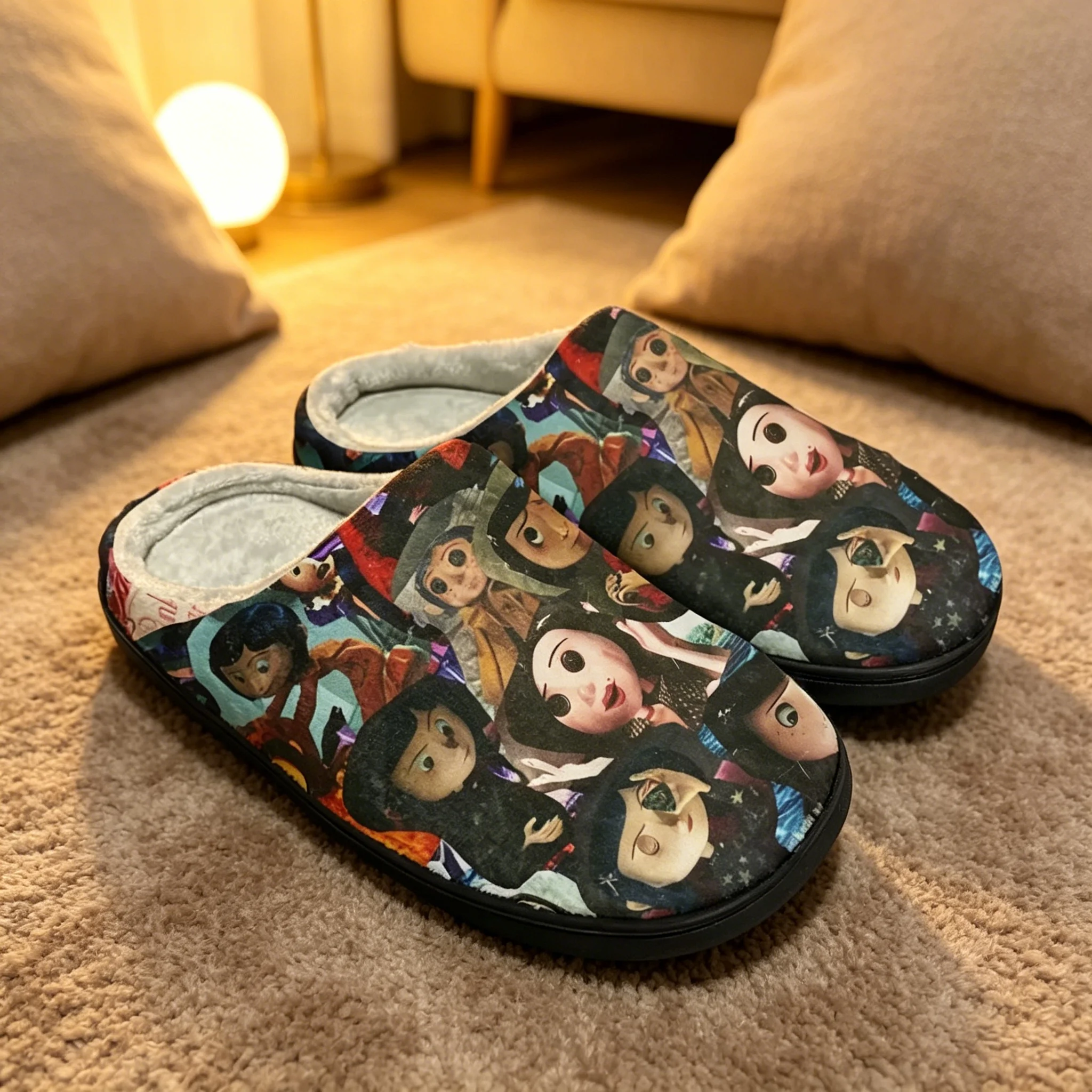

Coraline Movie All Over Print Cotton Slippers Unisex Warm Plush Comfort Non Slip Home Indoor Lazy Cozy Street Footwear