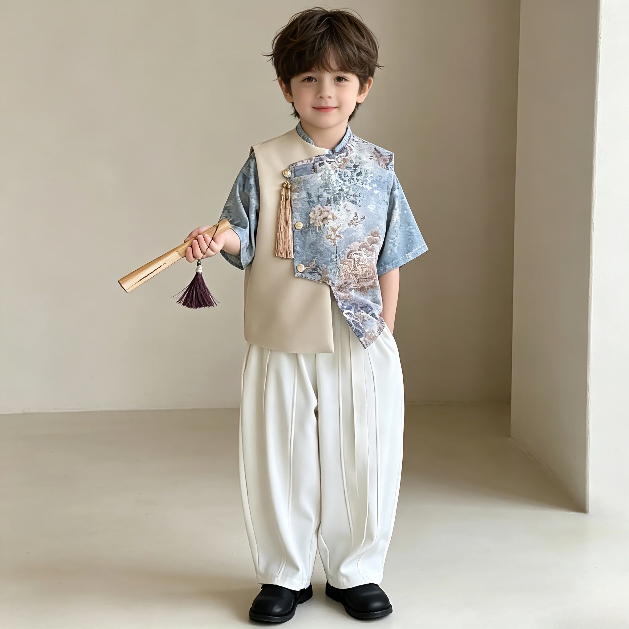 Boys Chinese Style Set Floral Jacquard Vest Shirt & Pants Kids Traditional Hanfu Outfit for Party Photoshoot Festival Wear 6 8 Y