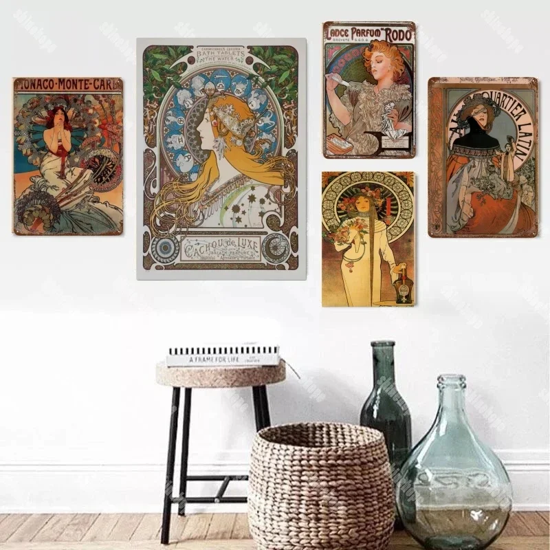 Alphonse Mucha Plakat Pin Up Girls Metalowy Blaszany Znak Artystyczny Malarstwo Dekoracyjne Tabliczki Ścienne Do Baru Kawiarnia Salon Dom Dekoracja