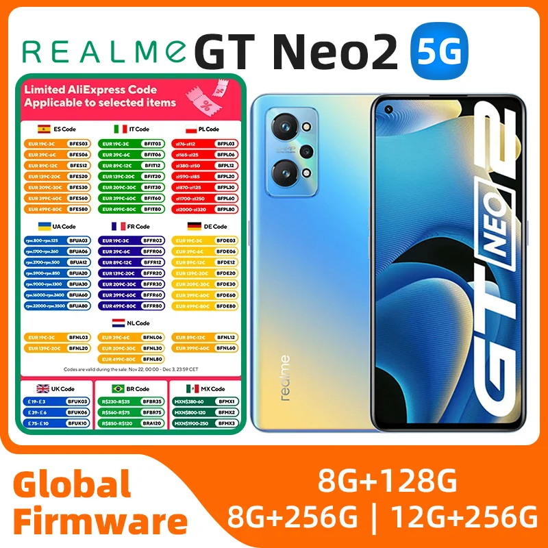 هاتف Realme-GT Neo 2 أندرويد 5G مفتوح ، 6.62 بوصة ، 256G ، جميع الألوان في حالة جيدة ، أصلية ، مستعملة